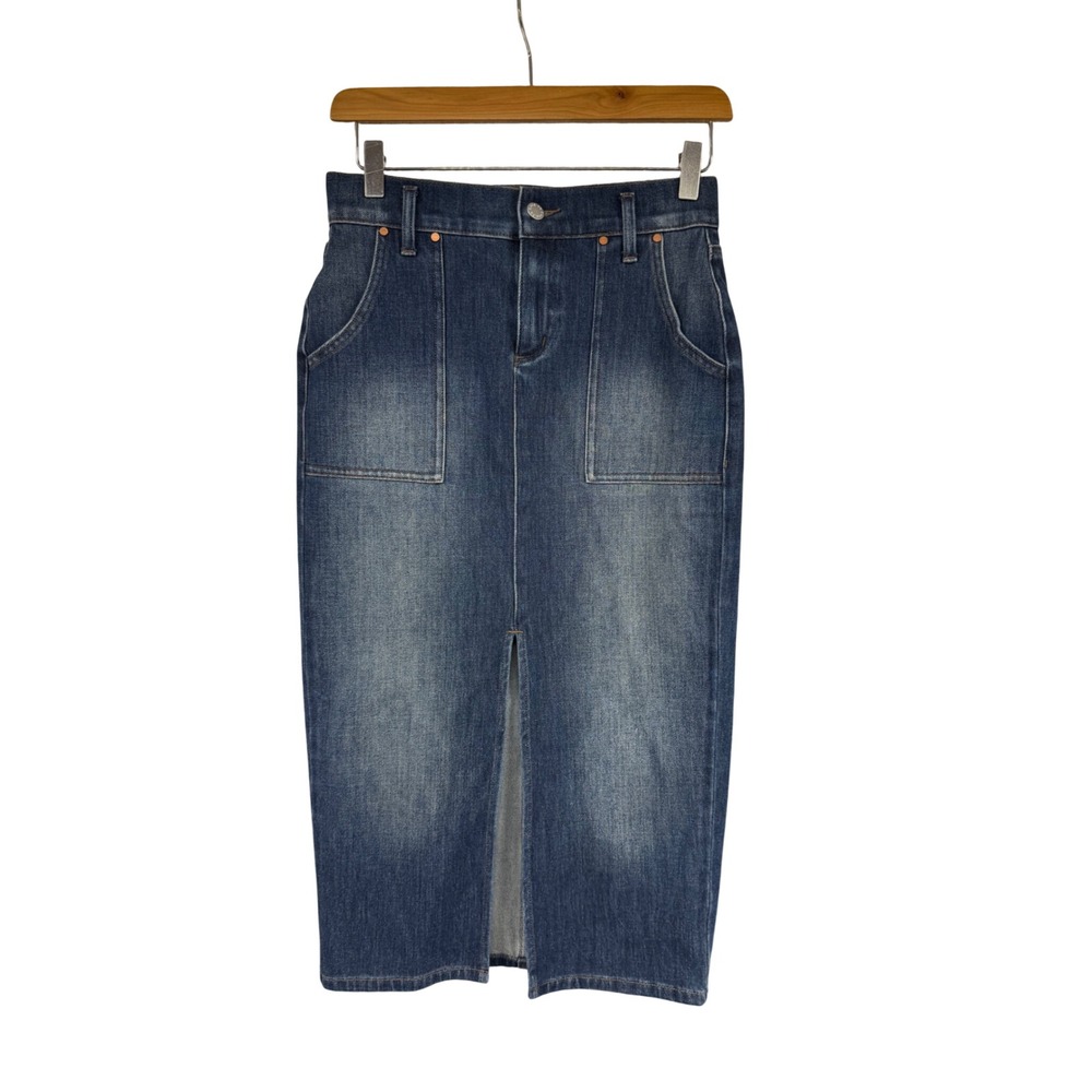 Level 99 Women Blue Denim Front Slit Midi Skirt High Rise Size 26 Medium Wash